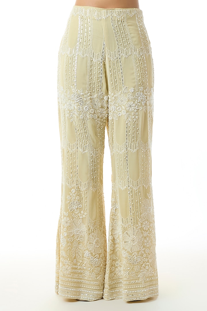 Pale Yellow Chikankari Georgette Embroidered Wedding Sharara Set by GOPI VAID at Pernia's Pop Up Shop