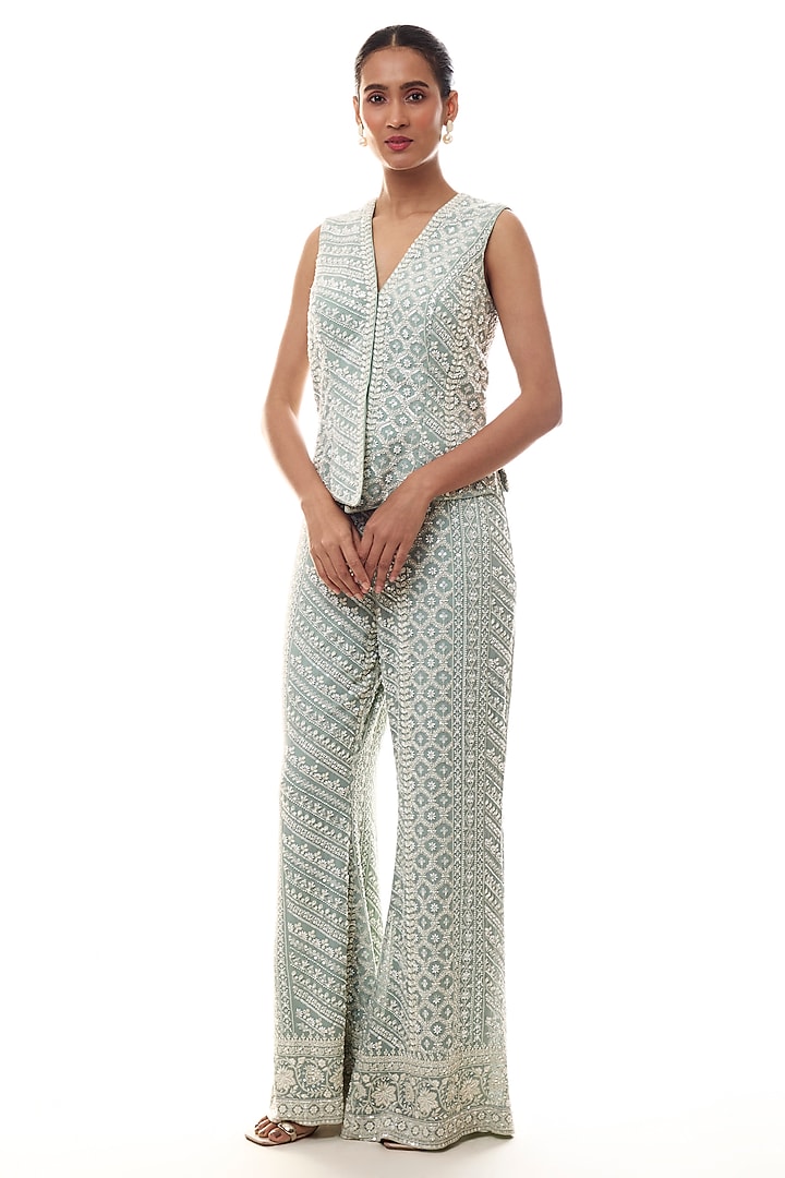 Blue Georgette Chikankari Embroidered Jacket Set by GOPI VAID at Pernia's Pop Up Shop