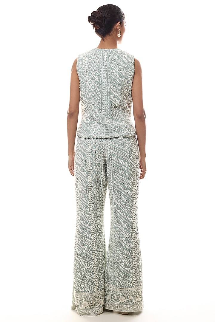 Blue Georgette Chikankari Embroidered Jacket Set by GOPI VAID at Pernia's Pop Up Shop