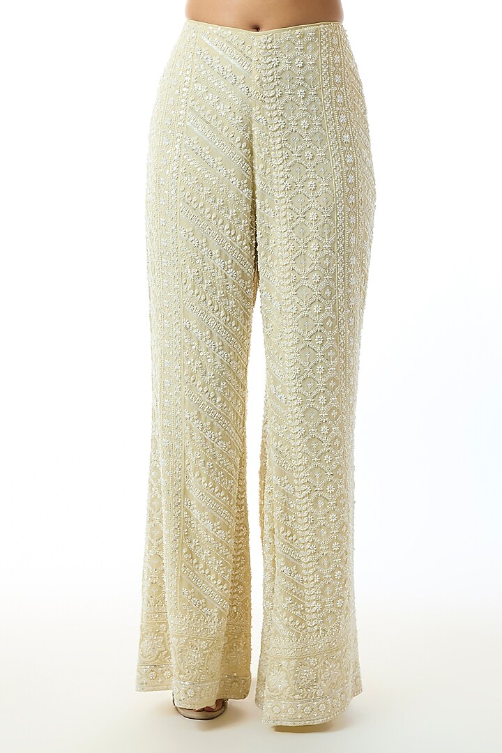 Pale Yellow Chikankari Georgette Embroidered Co-Ord Set by GOPI VAID at Pernia's Pop Up Shop