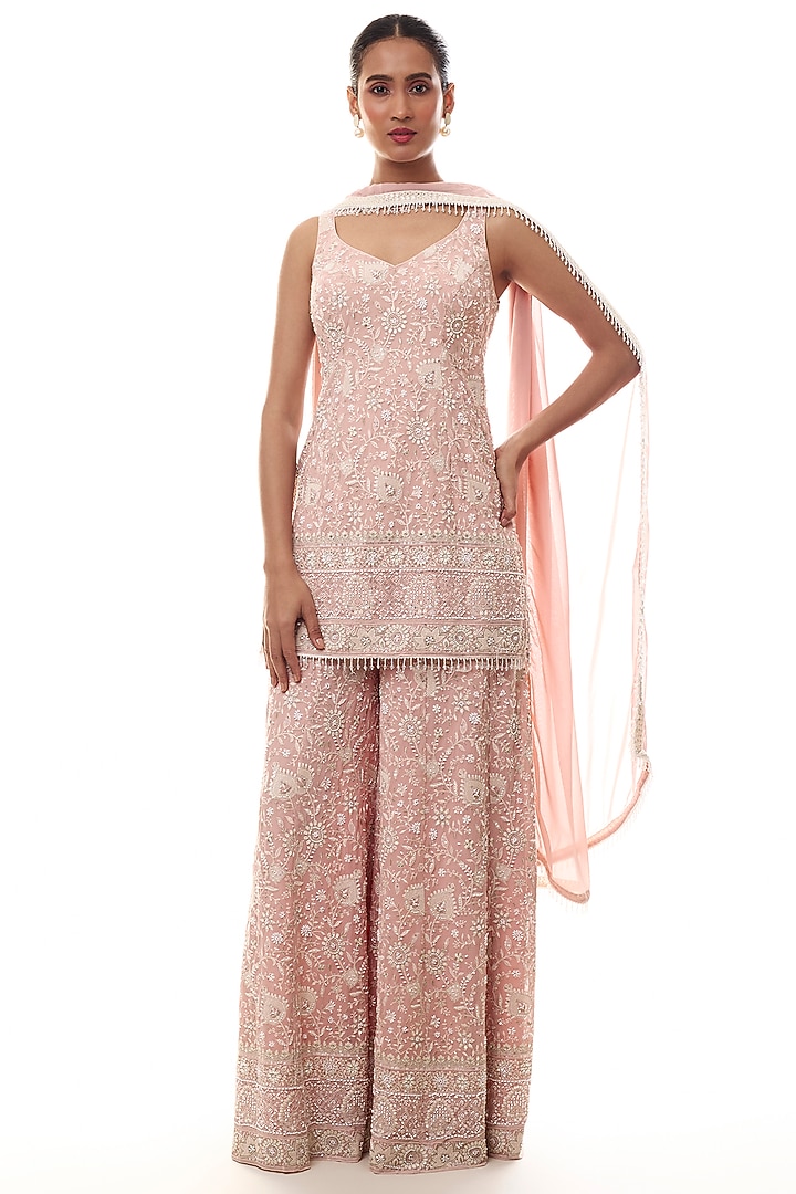 Soft Pink Georgette Chikankari Embellished Kurta Set by GOPI VAID at Pernia's Pop Up Shop