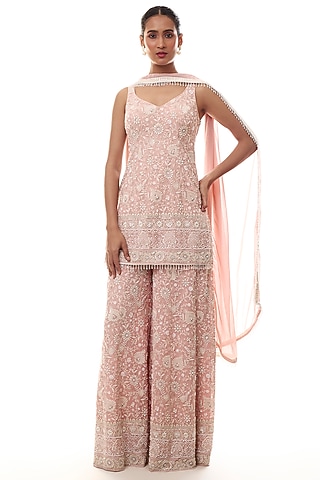 Soft Pink Georgette Chikankari Embellished Kurta Set by GOPI VAID