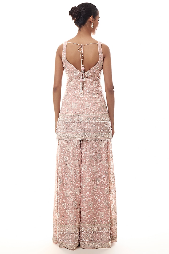 Soft Pink Georgette Chikankari Embellished Kurta Set by GOPI VAID at Pernia's Pop Up Shop
