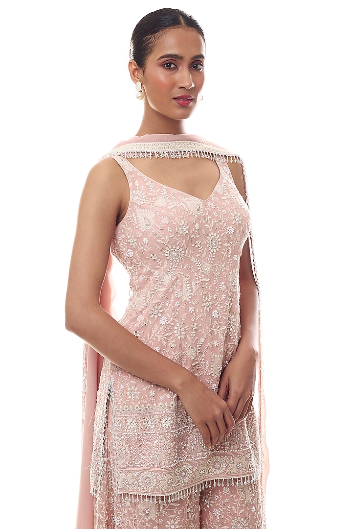 Soft Pink Georgette Chikankari Embellished Kurta Set by GOPI VAID at Pernia's Pop Up Shop