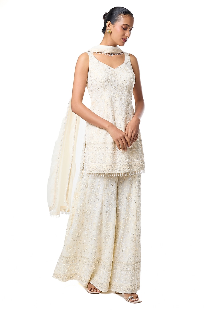 Ivory Chikankari Georgette Embroidered Wedding Sharara Set by GOPI VAID at Pernia's Pop Up Shop