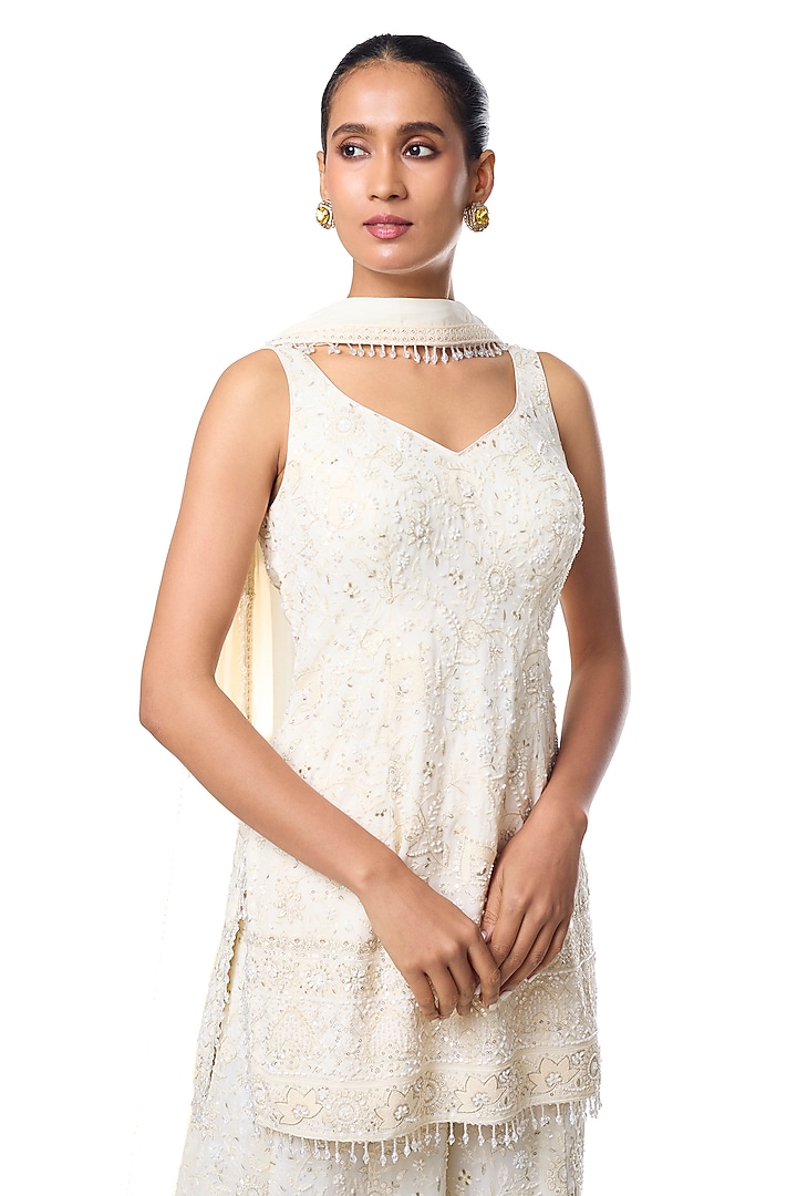 Ivory Chikankari Georgette Embroidered Wedding Sharara Set by GOPI VAID at Pernia's Pop Up Shop