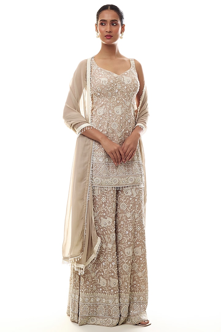 Brown Georgette Chikankari Embellished Kurta Set by GOPI VAID at Pernia's Pop Up Shop