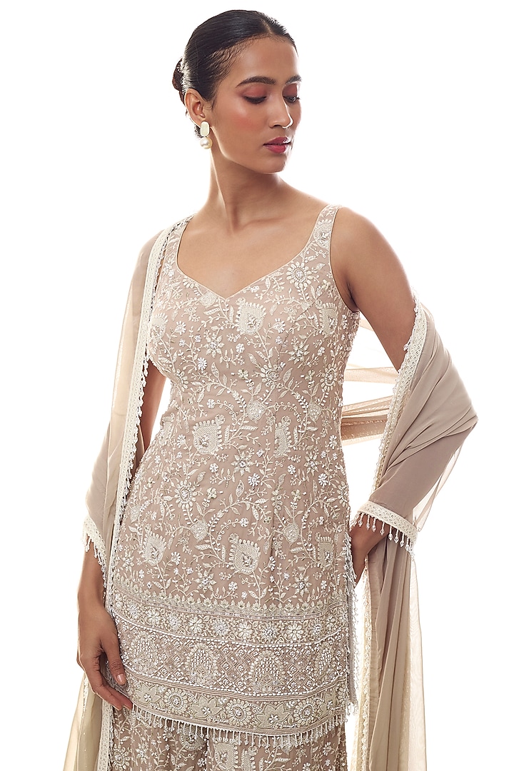 Brown Georgette Chikankari Embellished Kurta Set by GOPI VAID at Pernia's Pop Up Shop
