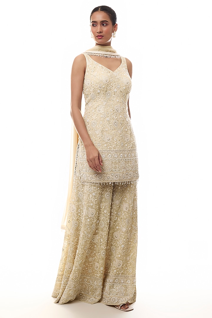 Pale Yellow Georgette Chikankari Embellished Kurta Set by GOPI VAID at Pernia's Pop Up Shop