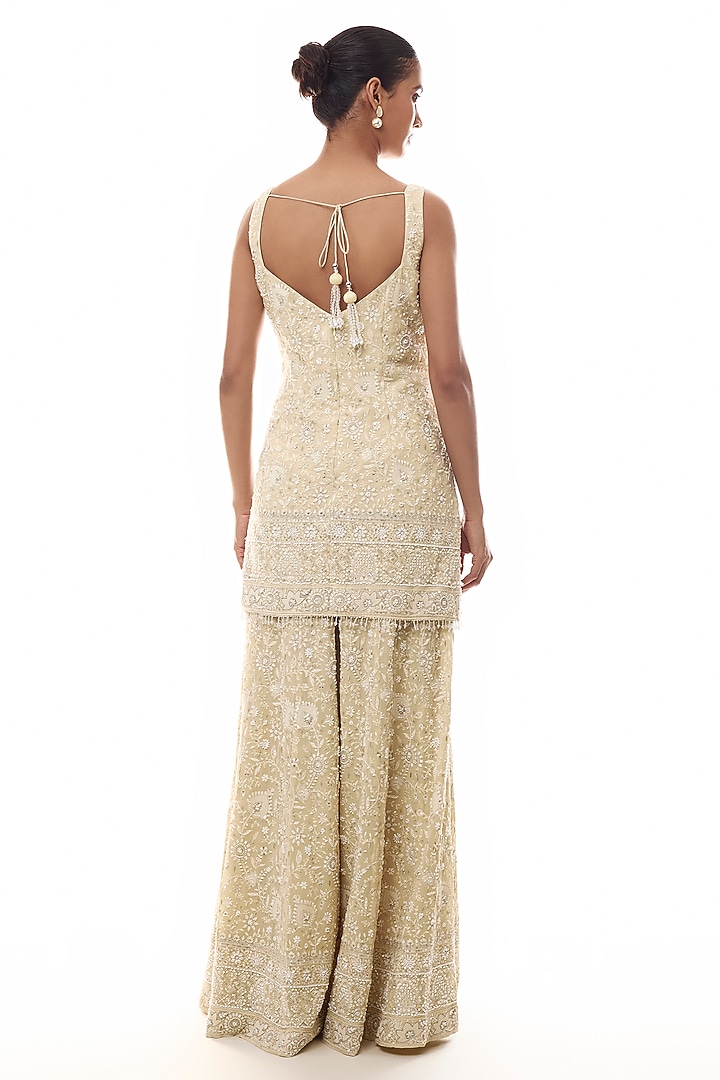 Pale Yellow Georgette Chikankari Embellished Kurta Set by GOPI VAID at Pernia's Pop Up Shop