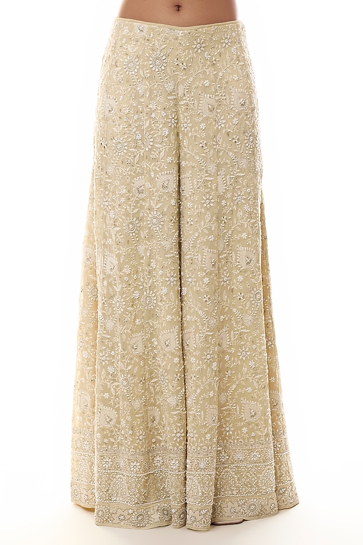 Pale Yellow Georgette Chikankari Embellished Kurta Set by GOPI VAID at Pernia's Pop Up Shop