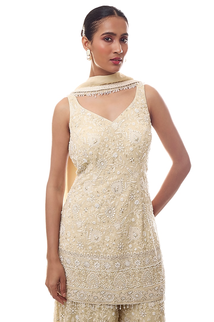 Pale Yellow Georgette Chikankari Embellished Kurta Set by GOPI VAID at Pernia's Pop Up Shop