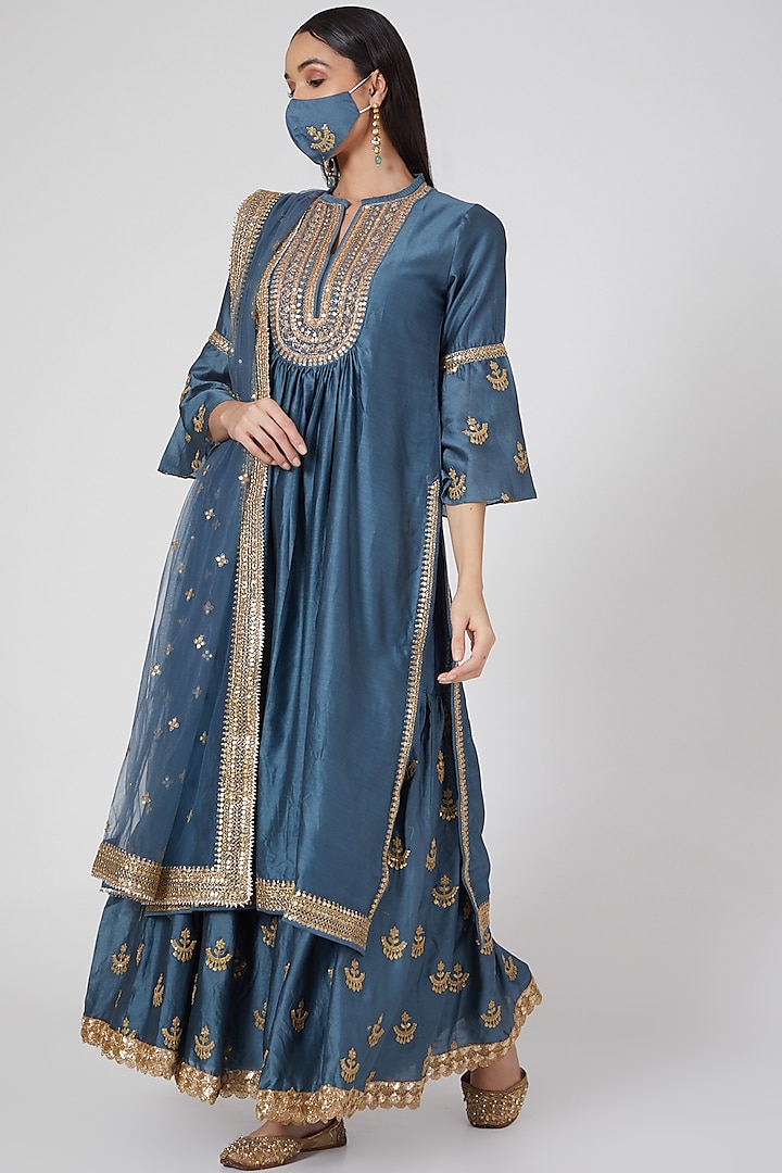 Teal Blue Gharara Set With Embroidered Dupatta by GOPI VAID