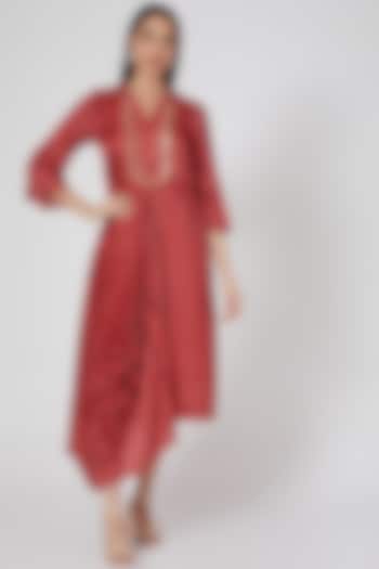 Red Embroidered & Printed Cowl Dress by GOPI VAID