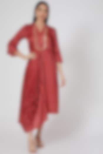 Red Embroidered & Printed Cowl Dress by GOPI VAID at Pernia's Pop Up Shop