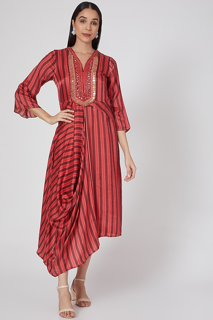 Red Embroidered & Printed Cowl Dress by GOPI VAID at Pernia's Pop Up Shop