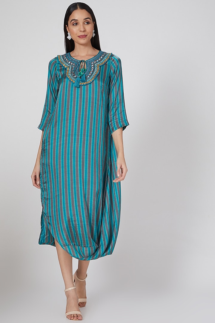 Emerald Green Printed & Embroidered Cowl Dress by GOPI VAID