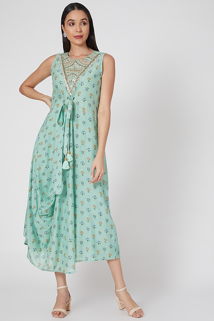 Green Printed & Embroidered Cowl Dress by GOPI VAID