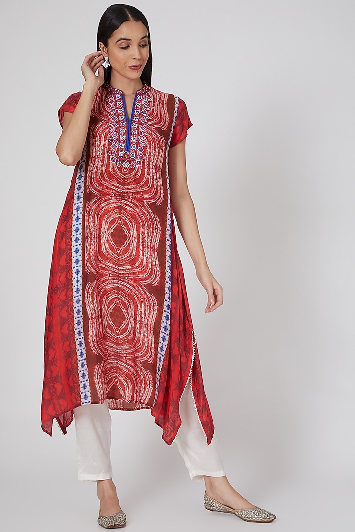 Red Cotton Silk Printed Tunic by GOPI VAID at Pernia's Pop Up Shop