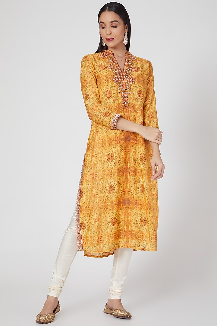 Yellow Cotton Silk Printed Tunic by GOPI VAID at Pernia's Pop Up Shop