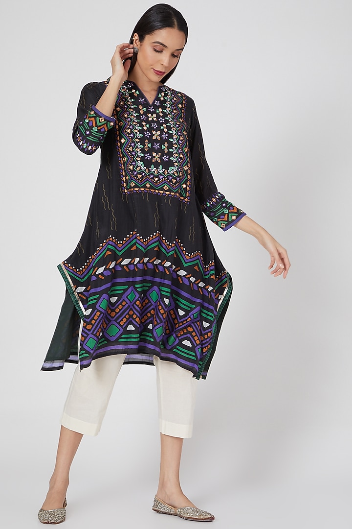 Black Cotton Silk Printed Tunic by GOPI VAID at Pernia's Pop Up Shop