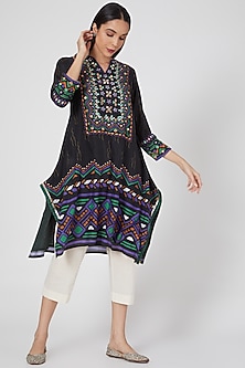 Black Cotton Silk Printed Tunic by GOPI VAID