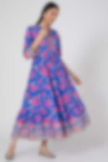 Blue Embroidered Tiered Floral Dress by GOPI VAID