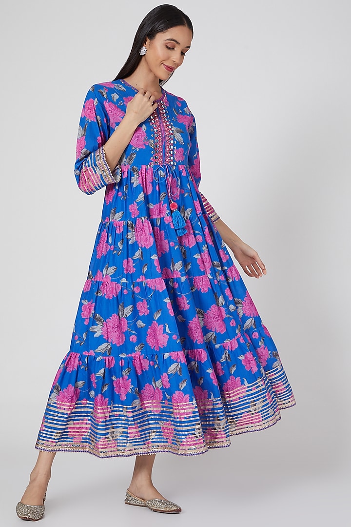 Blue Embroidered Tiered Floral Dress by GOPI VAID at Pernia's Pop Up Shop