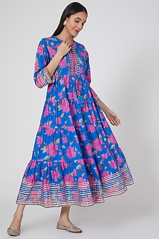 Blue Embroidered Tiered Floral Dress by GOPI VAID