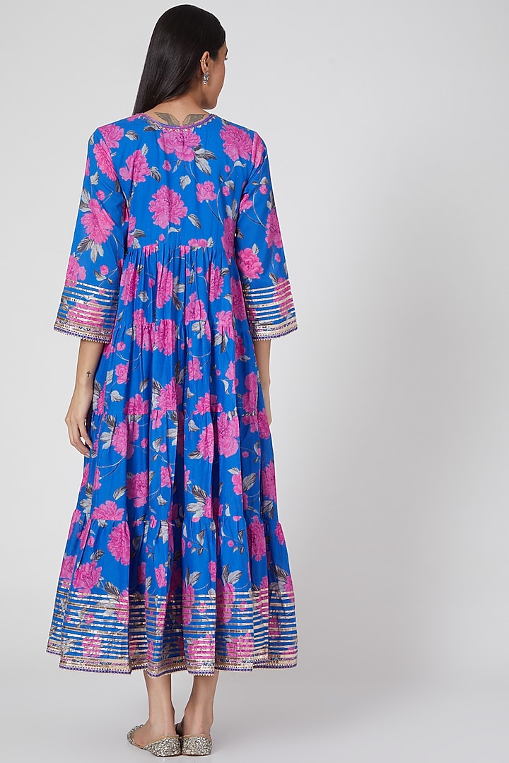 Blue Embroidered Tiered Floral Summer Dress by GOPI VAID at Pernia's Pop Up Shop