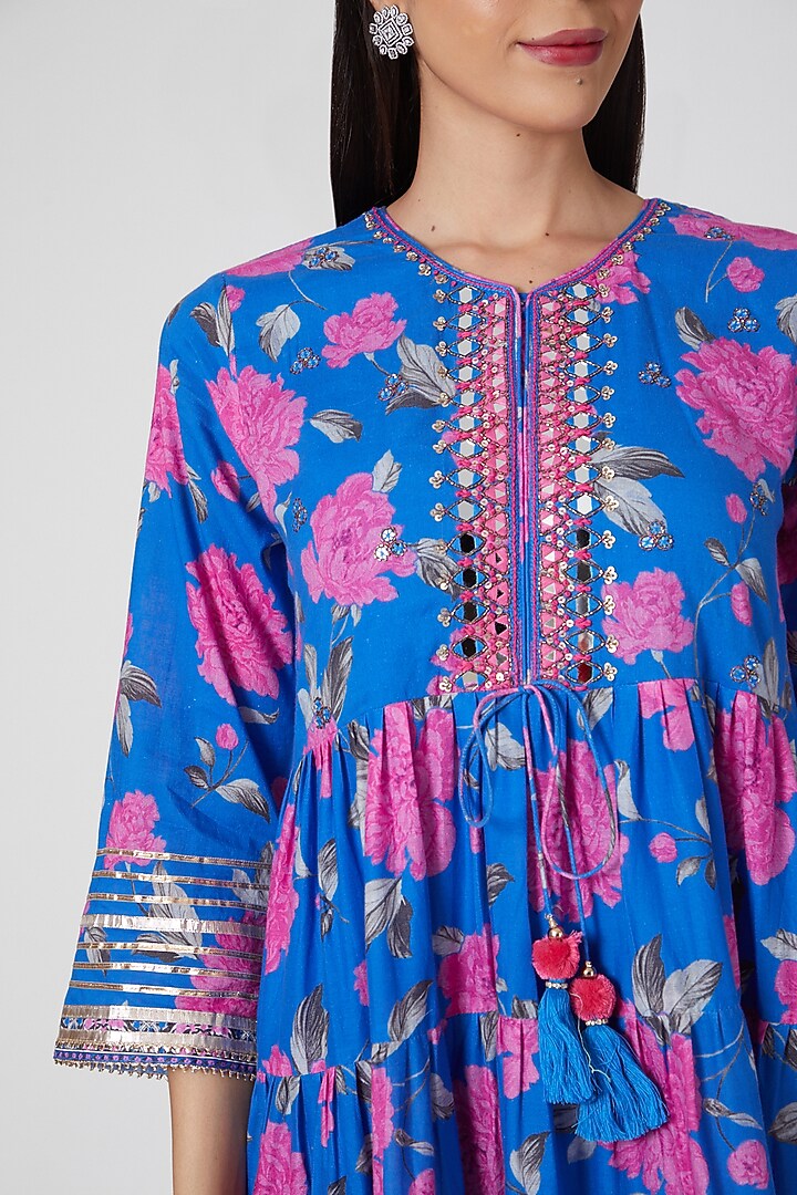 Blue Embroidered Tiered Floral Summer Dress by GOPI VAID at Pernia's Pop Up Shop