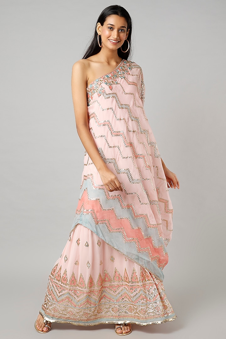 Blush Pink One-Shoulder Embroidered Dress by GOPI VAID