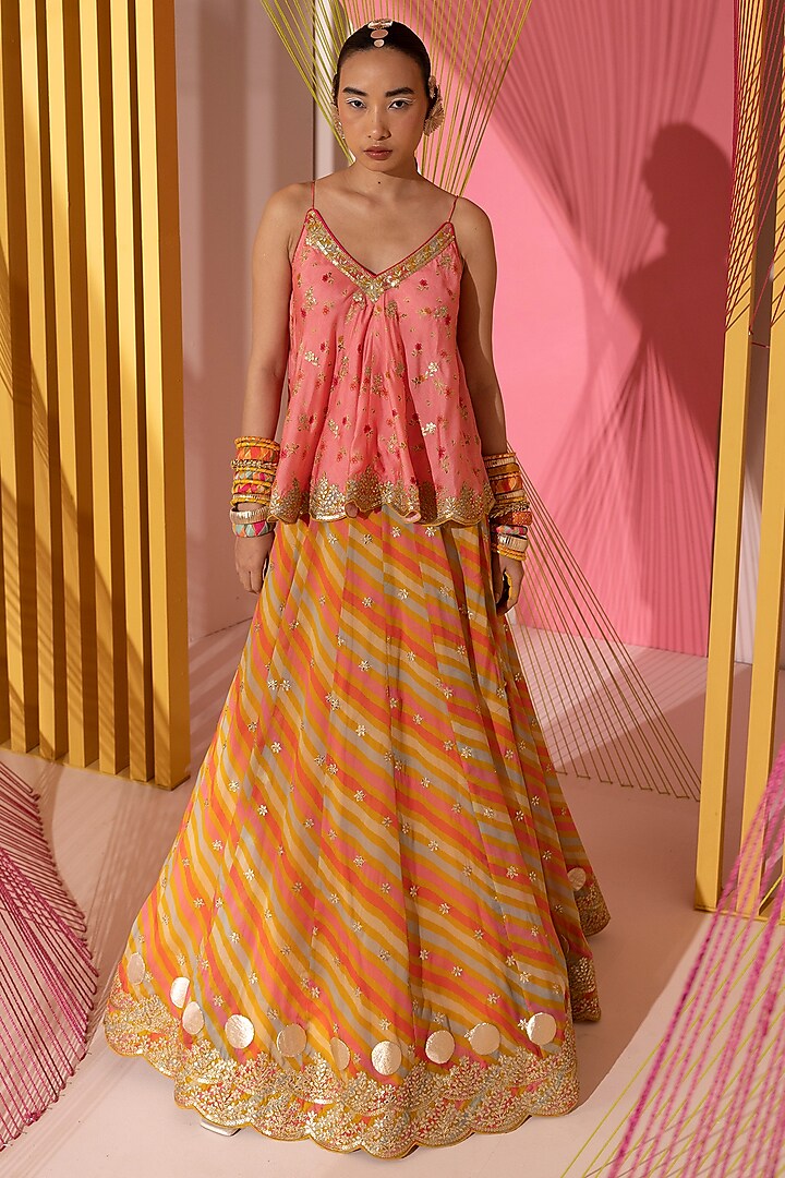 Orange Organza Embellished Leheriya Wedding Lehenga Set by GOPI VAID at Pernia's Pop Up Shop