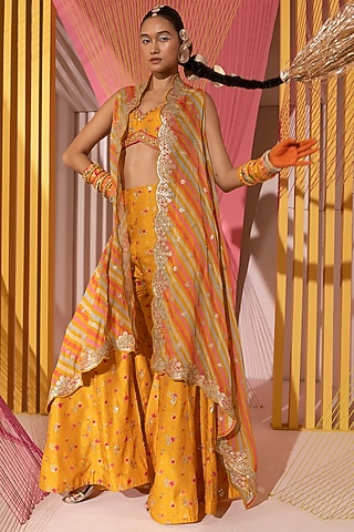 Mustard Organza Leheriya Cape Set by GOPI VAID
