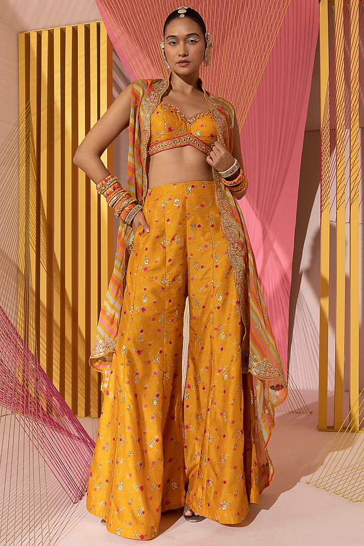 Mustard Organza Leheriya Cape Set by GOPI VAID at Pernia's Pop Up Shop