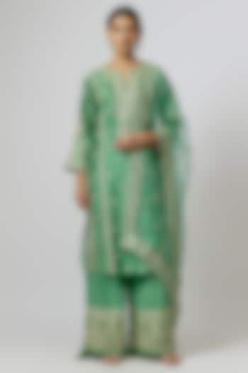 Green Tussar Silk Embroidered Kurta Set by GOPI VAID