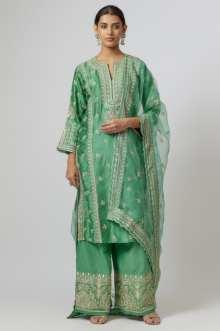 Green Tussar Silk Embroidered Kurta Set by GOPI VAID