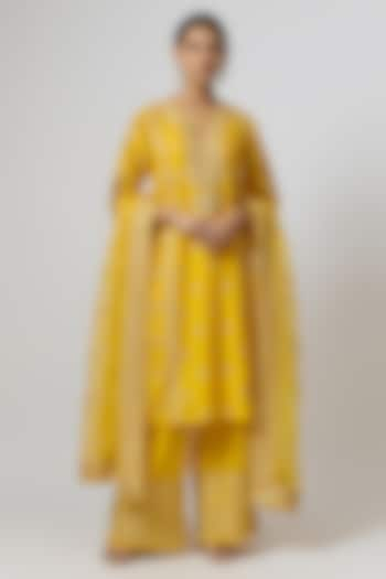 Yellow Tussar Silk Embroidered Kurta Set by GOPI VAID