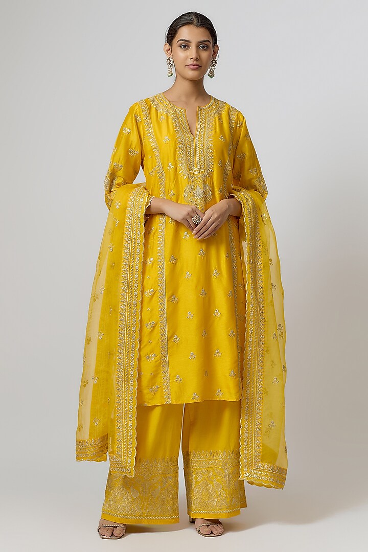 Yellow Tussar Silk Embroidered Kurta Set by GOPI VAID