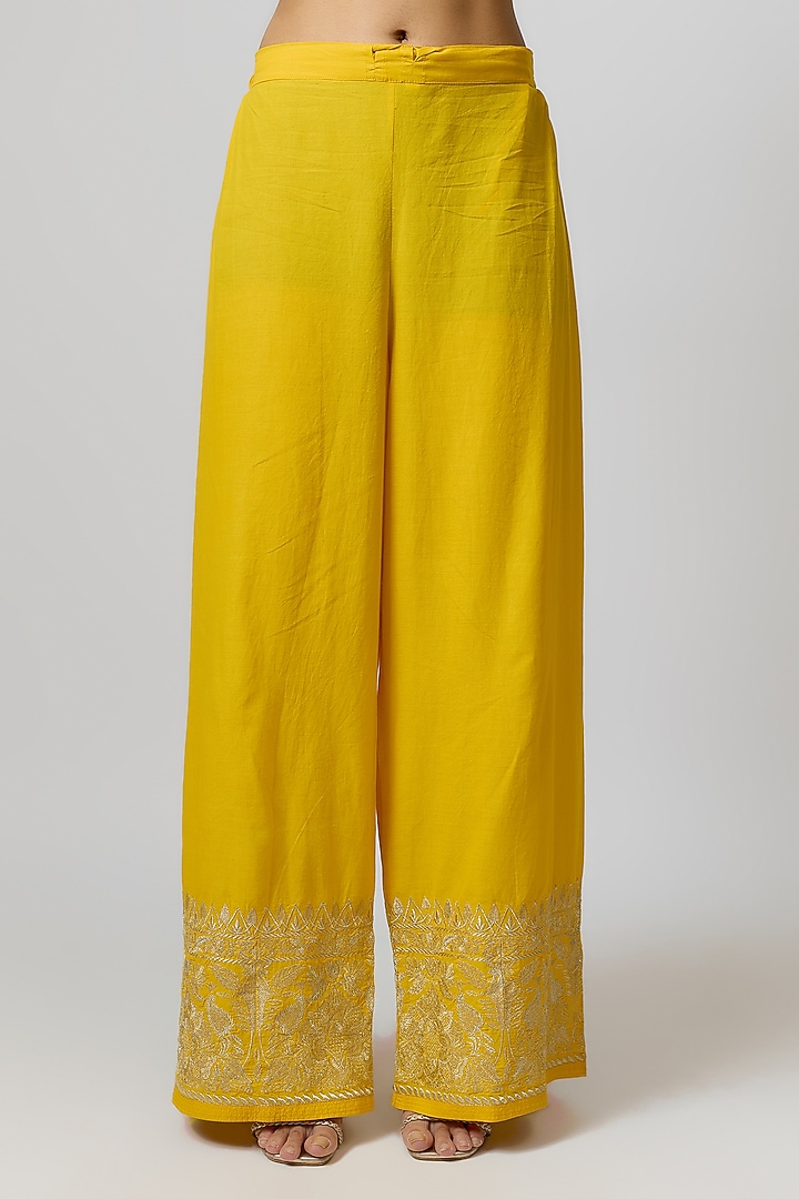 Yellow Tussar Silk Embroidered Kurta Set by GOPI VAID at Pernia's Pop Up Shop
