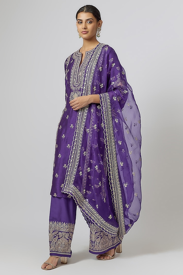 Purple Tussar Silk Embroidered Kurta Set by GOPI VAID