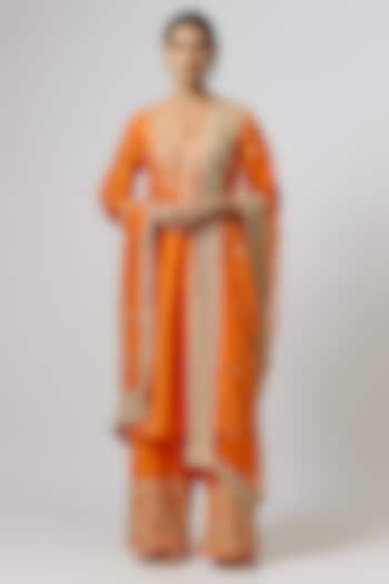 Orange Tussar Silk Embroidered Kurta Set by GOPI VAID