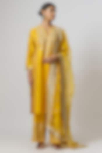 Yellow Tussar Silk Embroidered Kurta Set by GOPI VAID