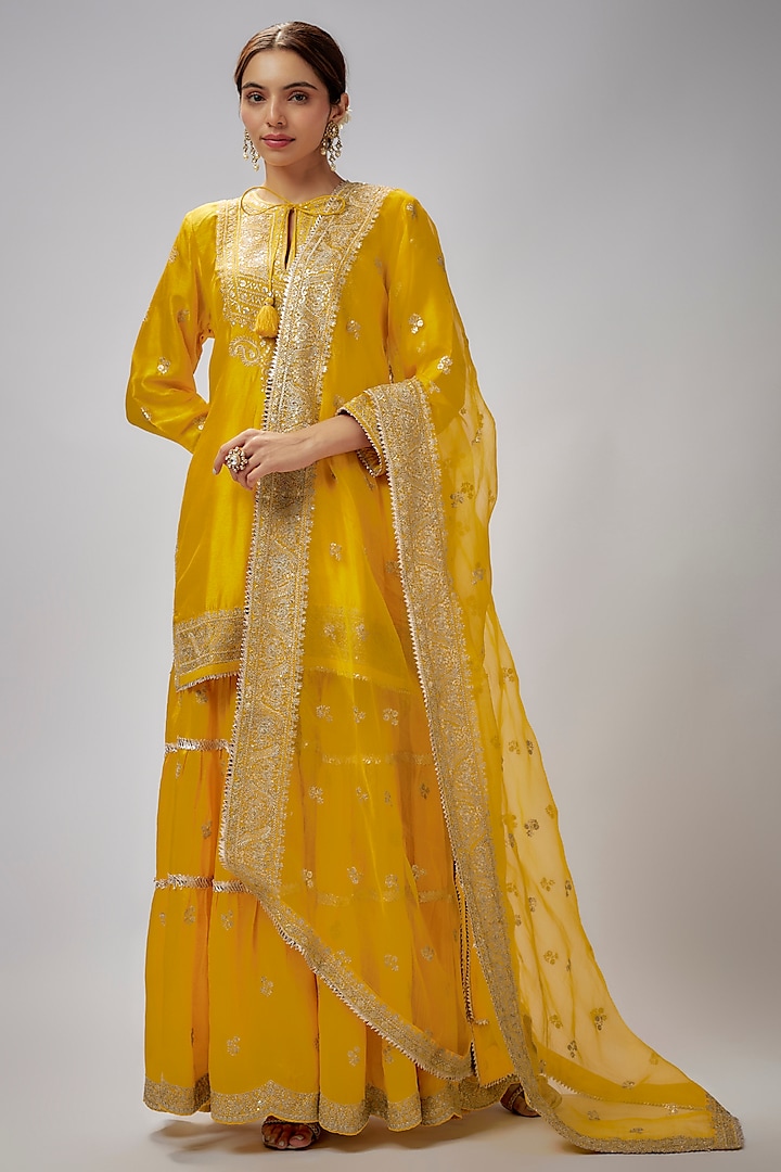 Mustard Cotton Embroidered Wedding Sharara Set by GOPI VAID at Pernia's Pop Up Shop