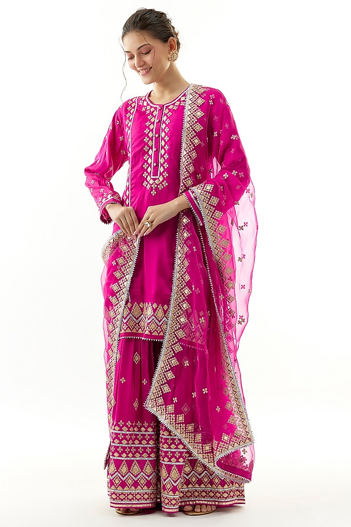 Pink Tussar Silk Thread Embroidered Wedding Sharara Set by Gopi Vaid at Pernia's Pop Up Shop