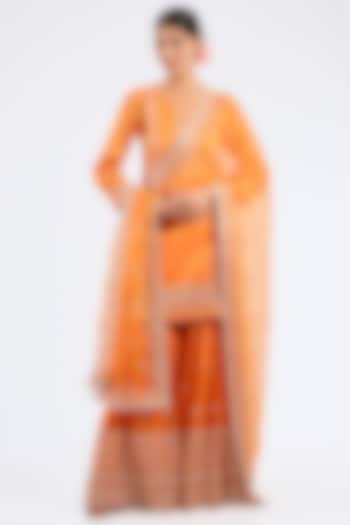 Orange Tussar Silk Gota Embroidered Wedding Sharara Set by GOPI VAID at Pernia's Pop Up Shop