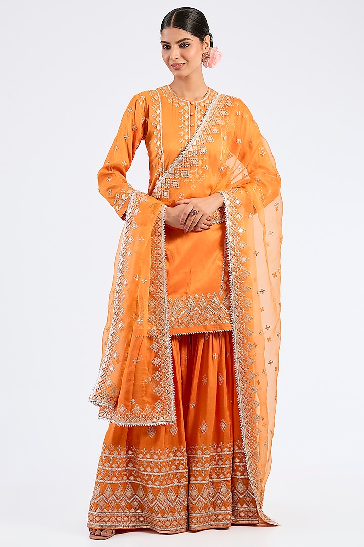 Orange Tussar Silk Gota Embroidered Wedding Sharara Set by GOPI VAID at Pernia's Pop Up Shop