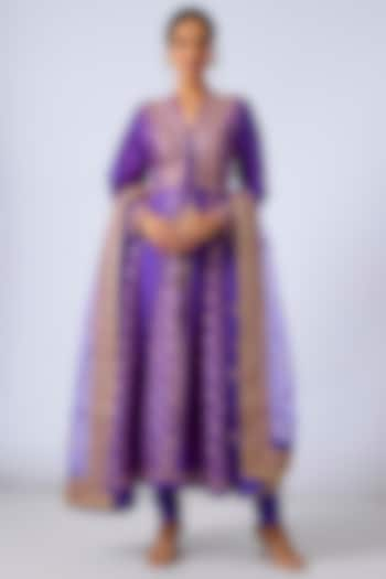 Purple Tussar Silk & Brocade Marodi Embroidered Anarkali Set by GOPI VAID at Pernia's Pop Up Shop