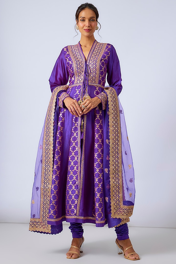 Purple Tussar Silk & Brocade Marodi Embroidered Anarkali Set by GOPI VAID at Pernia's Pop Up Shop