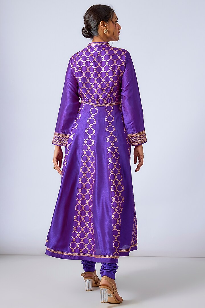 Purple Tussar Silk & Brocade Marodi Embroidered Wedding Anarkali Set by GOPI VAID at Pernia's Pop Up Shop